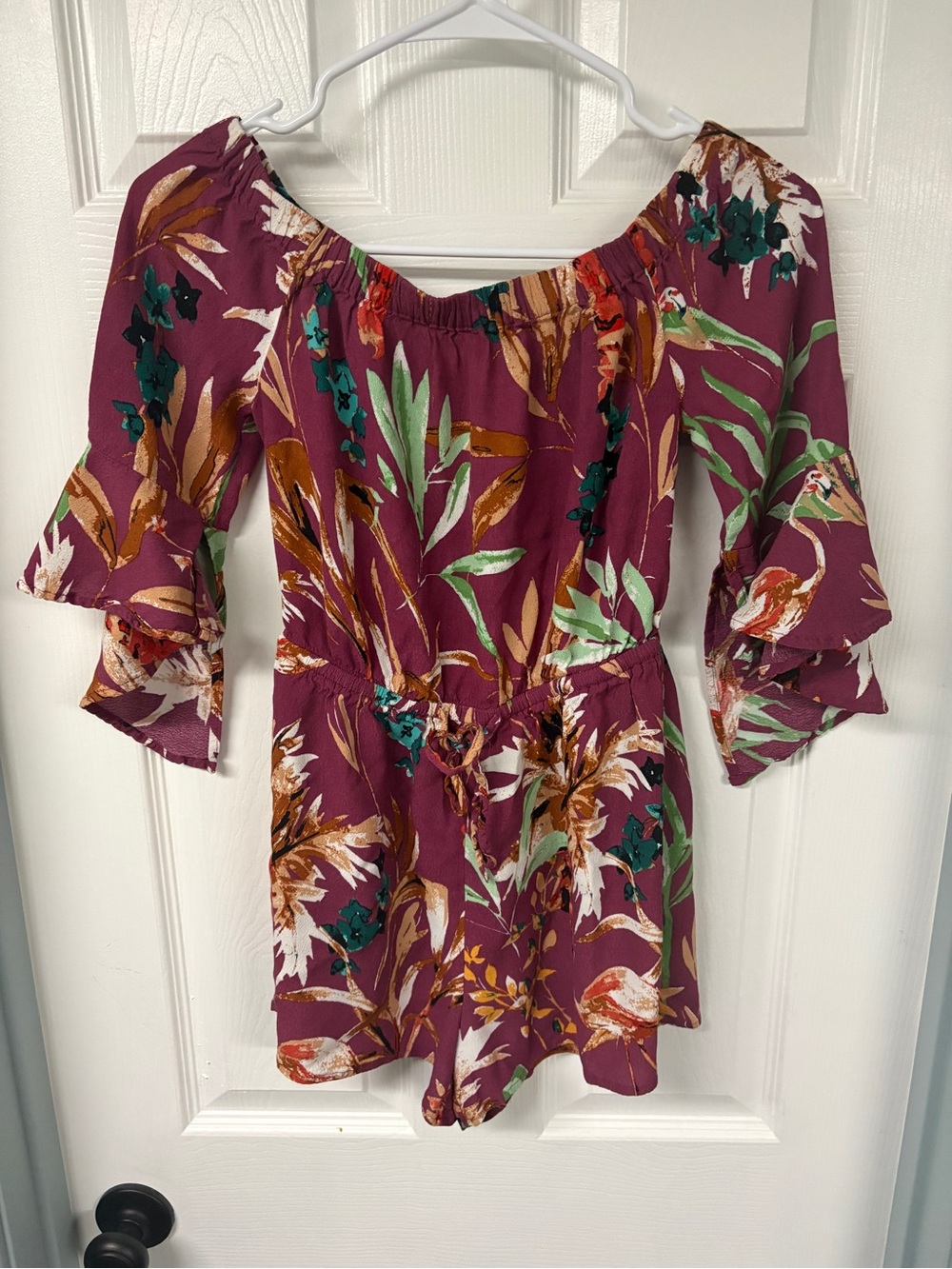 Express Women’s Plum Floral Off-Shoulder Romper size XS